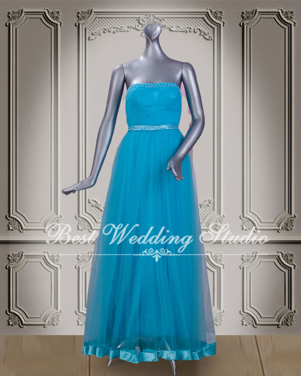 ชุดราตรีเกาะอกผ้าซาตินสีน้ำเงิน | Strapless Satin Evening Dress - Blue main image 1
